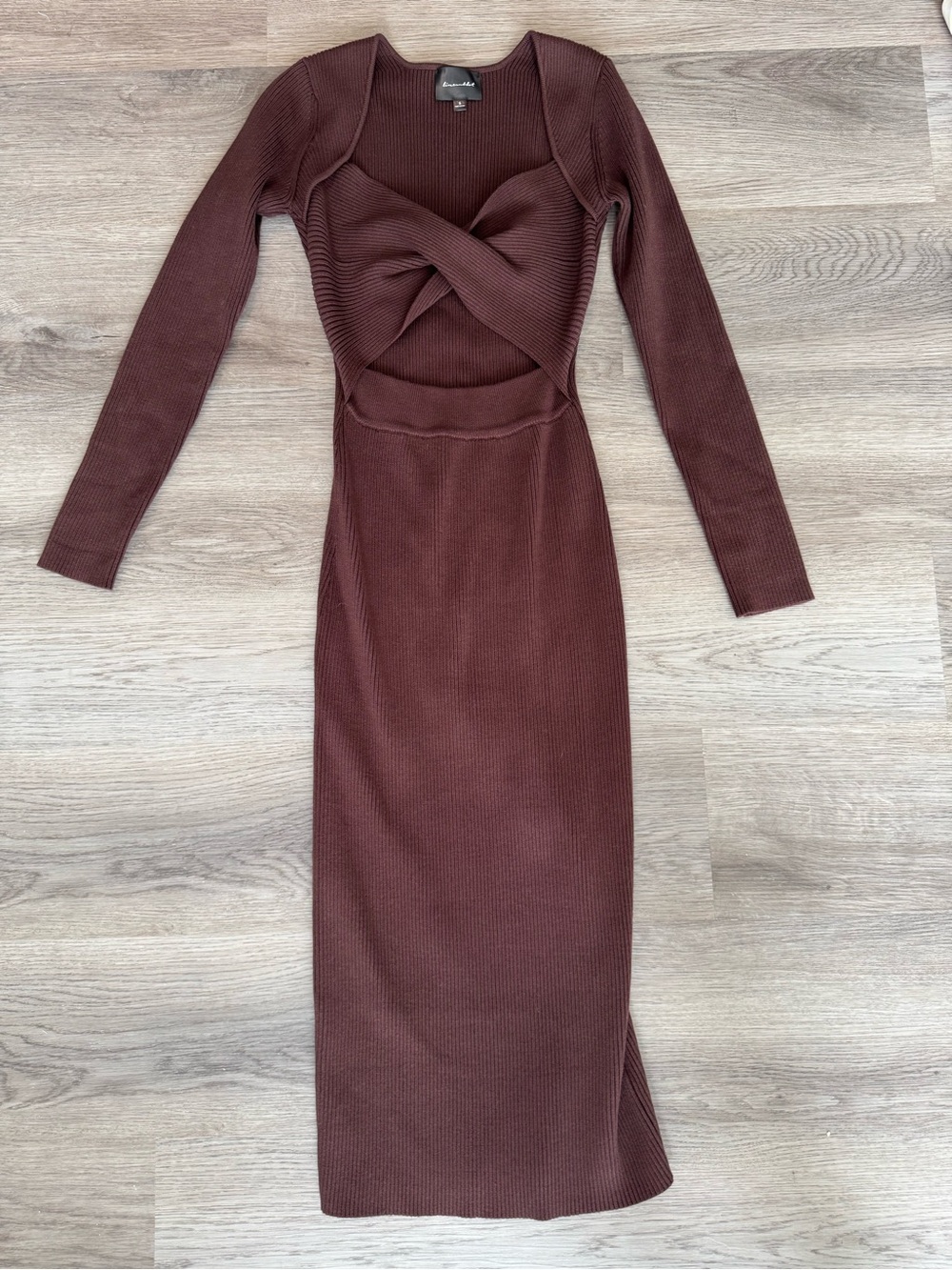 Line & Dot Twist-Front Ribbed Midi Dress in Deep Brown Size Small (New w/o tags)